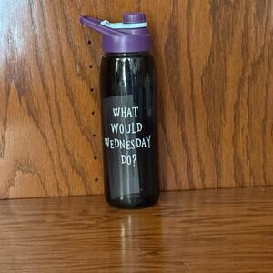 Reusable Water Bottle Black Purple Flip Top “What Would Wednesday Do”